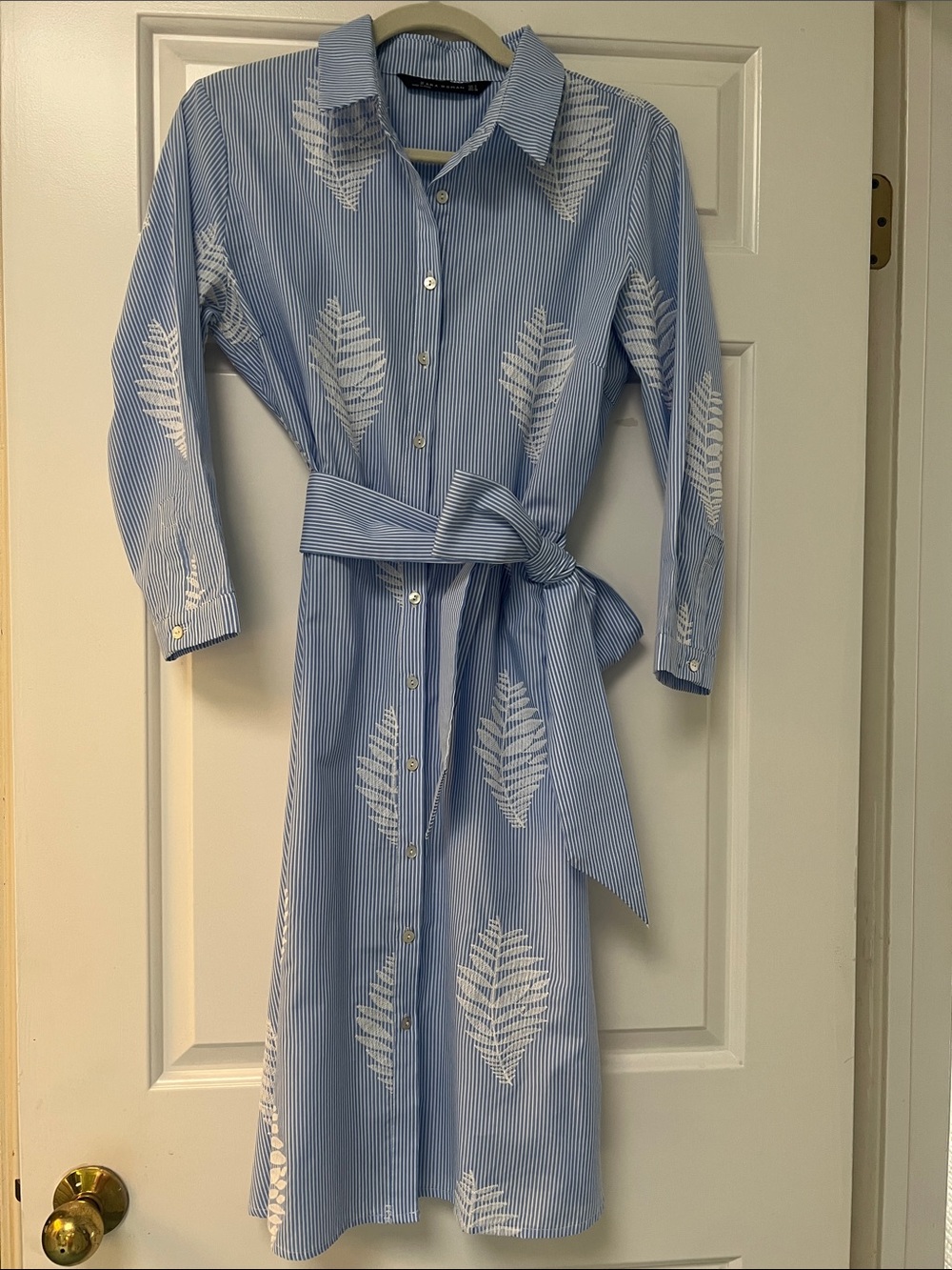 Zara Blue Striped Midi Dress with White Leaf Print